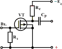 Схема резистивного усилительного каскада на полевом транзисторе с изолированным затвором и встроенным каналом