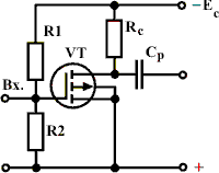 Схема резистивного усилительного каскада на полевом транзисторе с изолированным затвором и индуцированным каналом