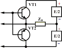 Схема выходного каскада на комплементарной паре транзисторов с питанием от двух источников (или от одного источника со средней точкой)