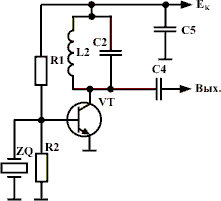 Схема простейшего генератора с кварцевой стабилизацией частоты